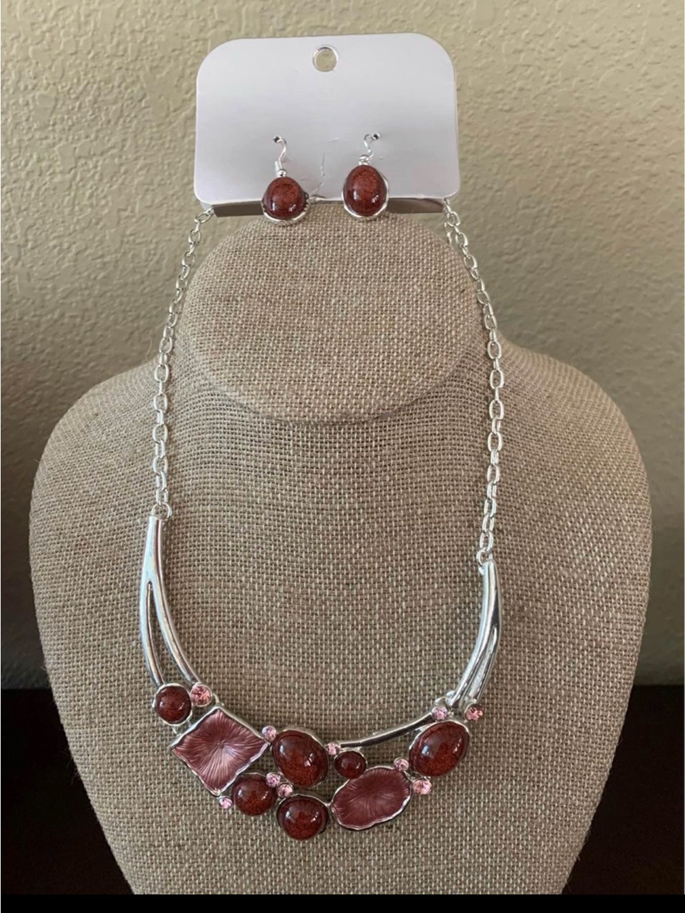 Silver-Tone Pink and Brown Stone Statement Necklace & Earrings Set